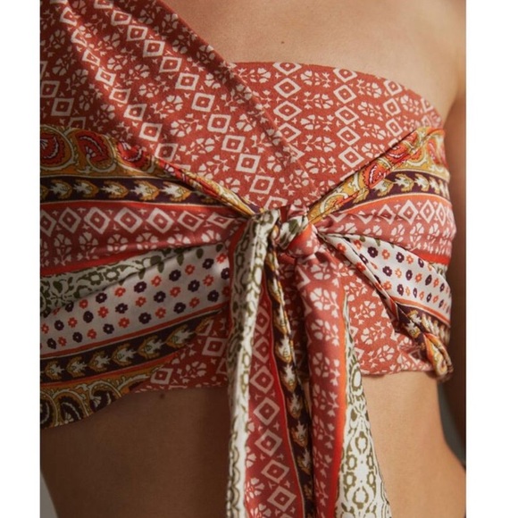 Anthropologie rustic orange aztec boho one shoulder bandeau with tie - Picture 3 of 6
